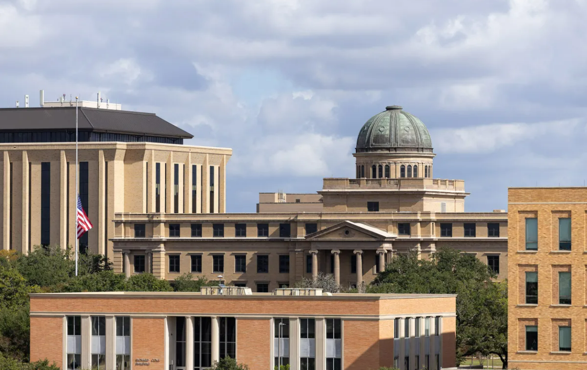 The Academic Building sits on the Texas A&M University campus in College Station on Nov. 13, 2025. Cassie Stricker for The Texas Tribune